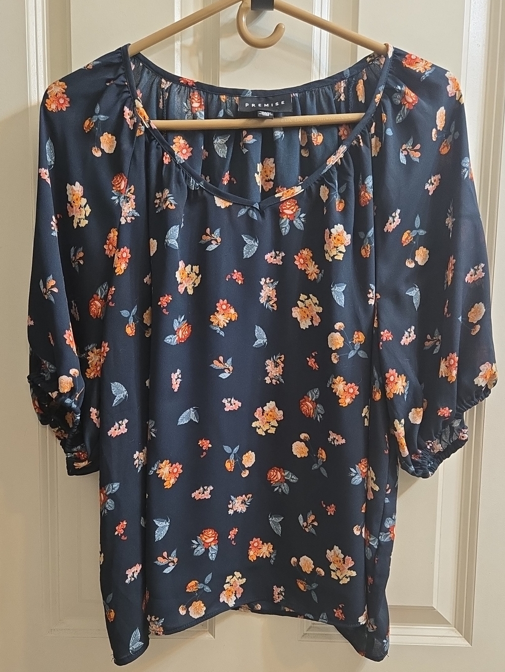Premise Navy Floral Peasant Blouse with Coral & Cream Blooms